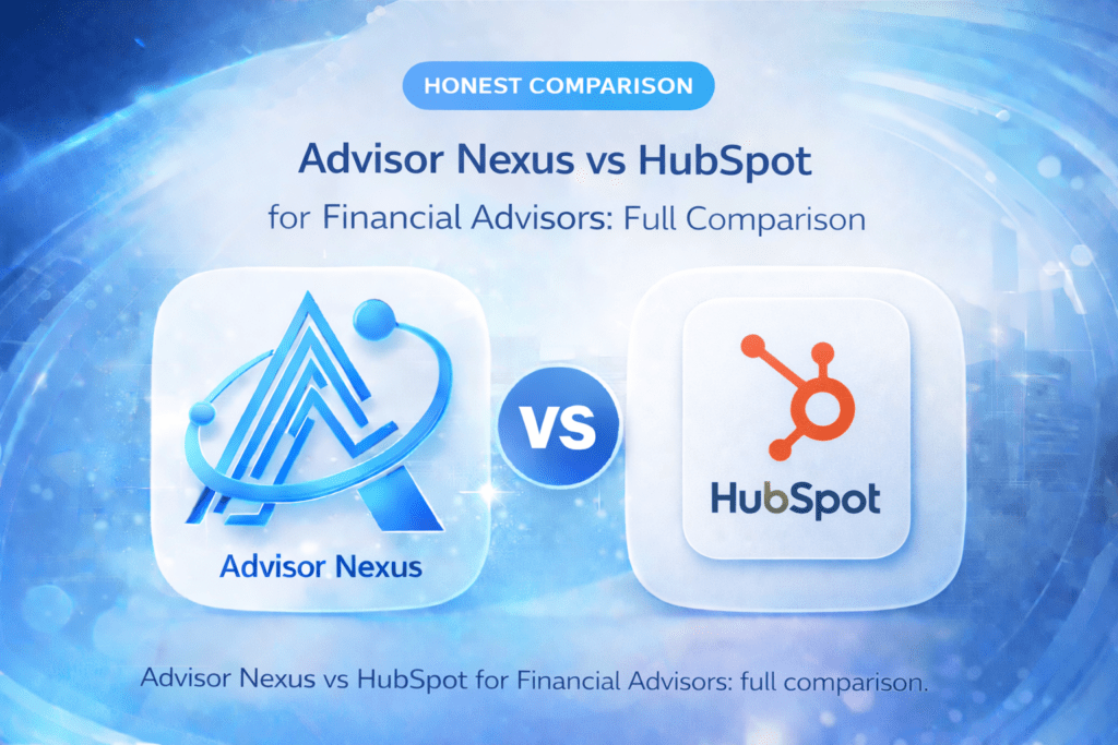 Advisor Nexus vs HubSpot comparison graphic for financial advisors, featuring Advisor Nexus on the left and HubSpot on the right.