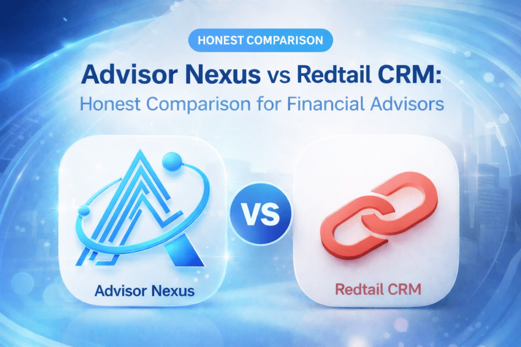 Advisor Nexus vs Redtail CRM comparison graphic for financial advisors, featuring Advisor Nexus on the left and Redtail CRM on the right.