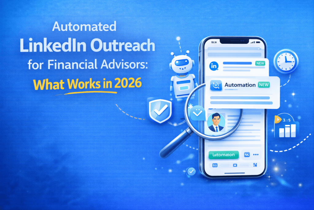 Automated LinkedIn outreach for financial advisors in 2026 blog header with blue minimal design, smartphone, AI automation, and LinkedIn messaging visuals