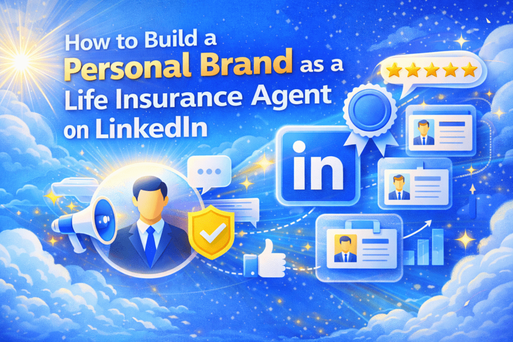 How to build a personal brand as a life insurance agent on LinkedIn blog header image with blue background and LinkedIn branding elements