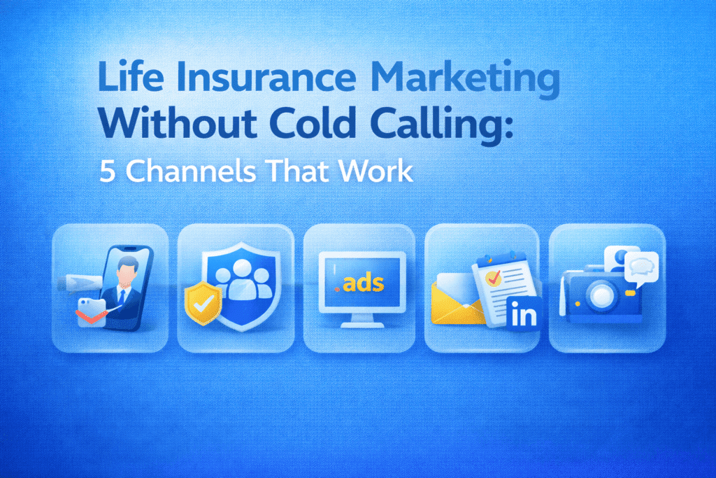 Life insurance marketing without cold calling blog image showing five marketing channels on a blue background