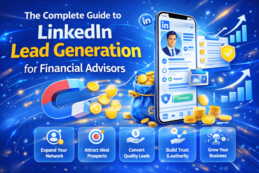 LinkedIn lead generation for financial advisors complete guide blog header with LinkedIn profile, growth graphics, and lead generation visuals