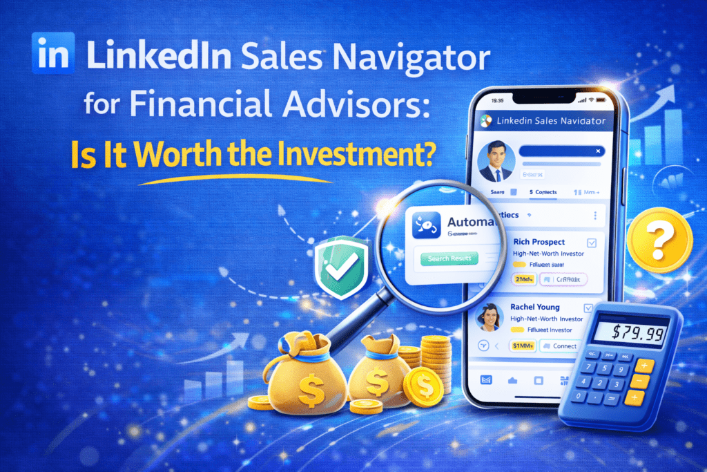 LinkedIn Sales Navigator for financial advisors blog header asking if it is worth the investment with prospecting, ROI, and lead generation visuals