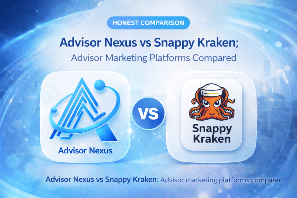 Advisor Nexus vs Snappy Kraken comparison graphic for advisor marketing platforms, featuring Advisor Nexus on the left and Snappy Kraken on the right.