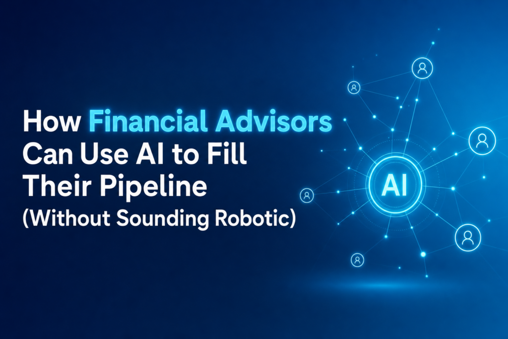 Digital image featuring AI and pipeline concept for financial advisors, highlighting non-robotic outreach methods, with headline focus.