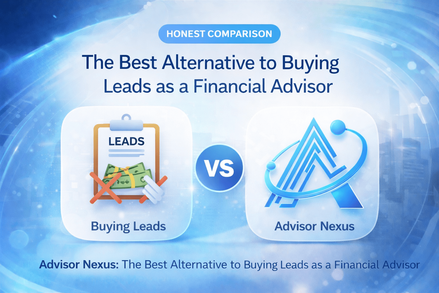Featured graphic for a financial advisor marketing article showing Buying Leads versus Advisor Nexus, with Advisor Nexus presented as the better alternative.