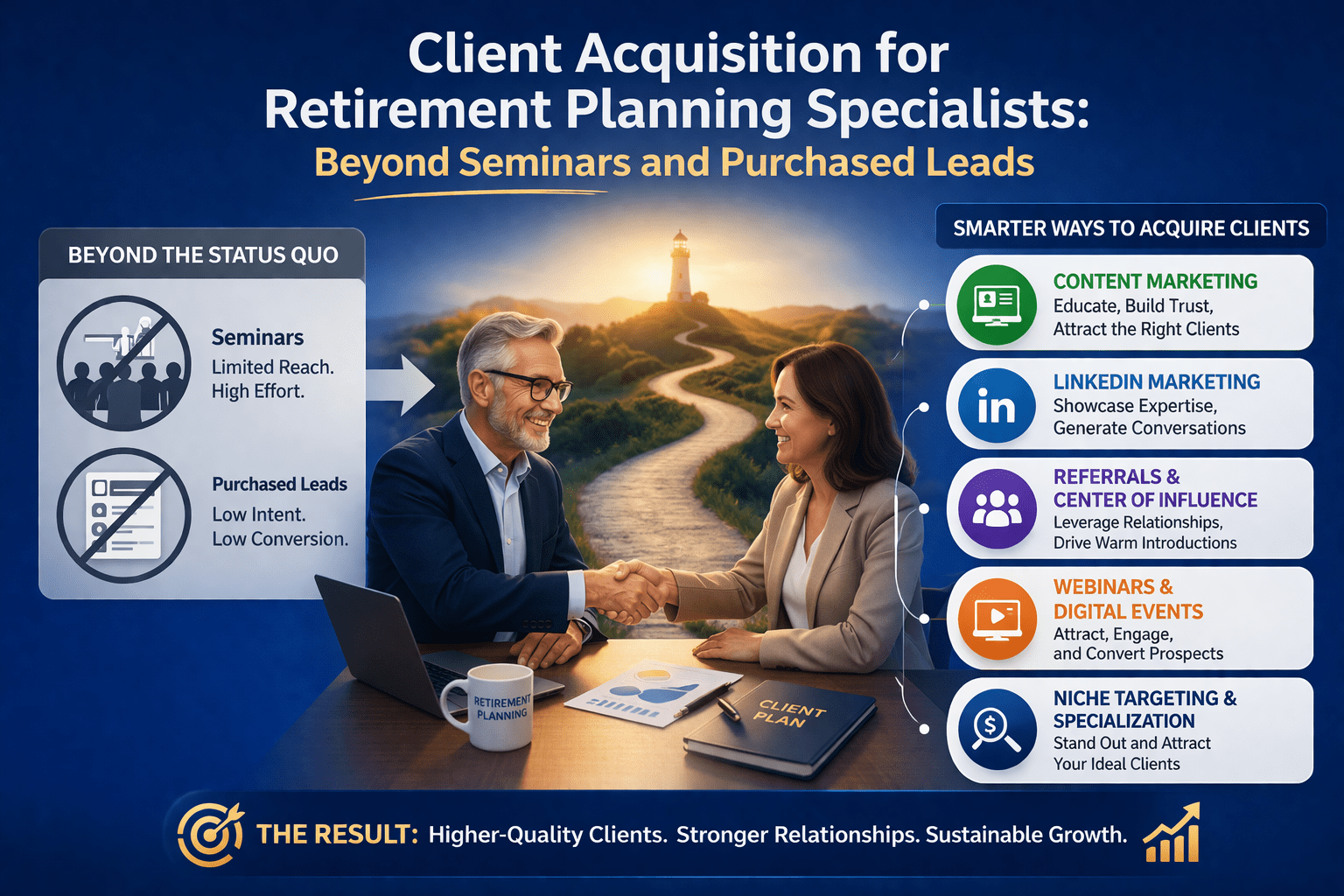 Illustration for a retirement planning client acquisition article showing modern marketing strategies beyond seminars and purchased leads for retirement planning specialists.