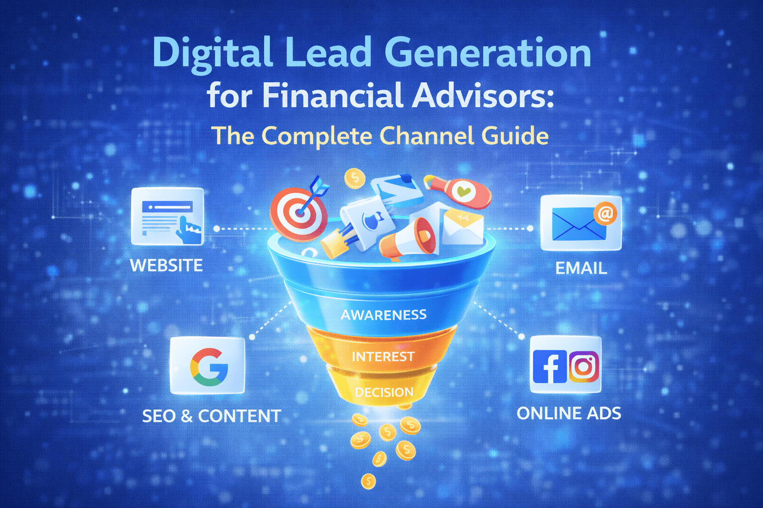 Illustration for a financial advisor marketing article showing digital lead generation channels such as website, SEO and content, email, and online ads feeding into a lead generation funnel.