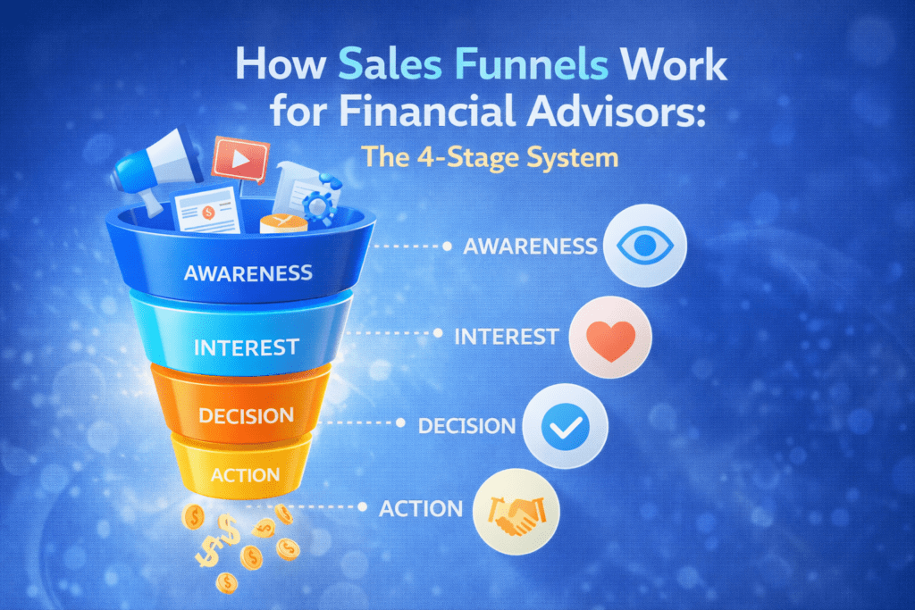 Illustration showing how sales funnels work for financial advisors with a four-stage funnel: awareness, interest, decision, and action.