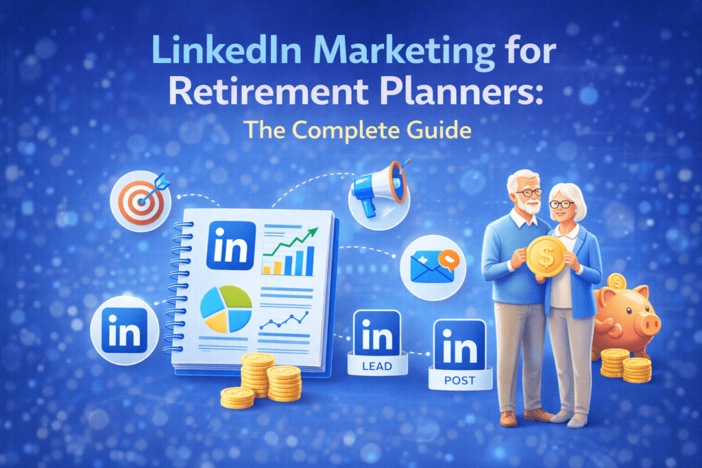 Featured image for a LinkedIn marketing for retirement planners guide, showing content strategy, lead generation, posts, and retirement planning marketing for financial advisors.