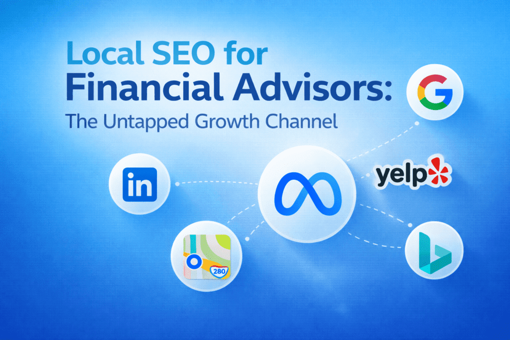 Featured image for a blog post about local SEO for financial advisors, showing search and map platforms like Google, Yelp, LinkedIn, Meta, Apple Maps, and Bing in a branded blue design.