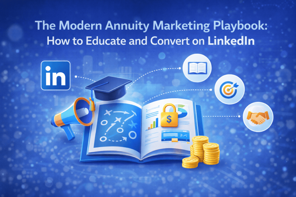 Illustration for an annuity marketing article showing a LinkedIn-focused playbook with education, strategy, and conversion elements for financial advisors.