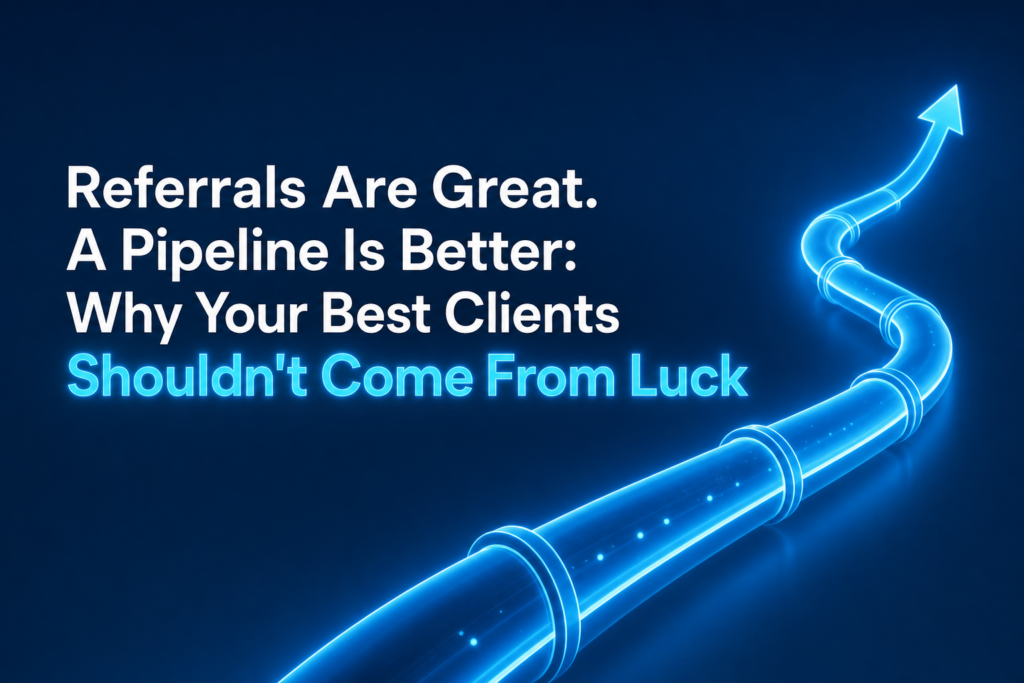A well-composed graphic focusing on the importance of building a client pipeline for systematic growth rather than relying purely on luck from referrals.