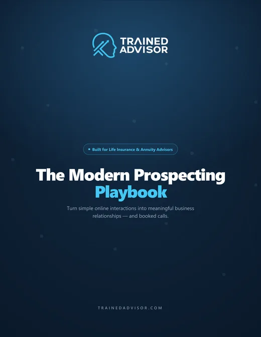 Cover of The Modern Prospecting Playbook, a free Trained Advisor guide to LinkedIn scripts, follow-up cadence and closes.